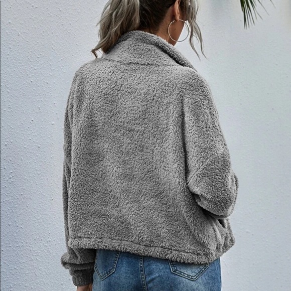 Zip up teddy jacket cinch waist hem gray faux fur - Picture 2 of 6